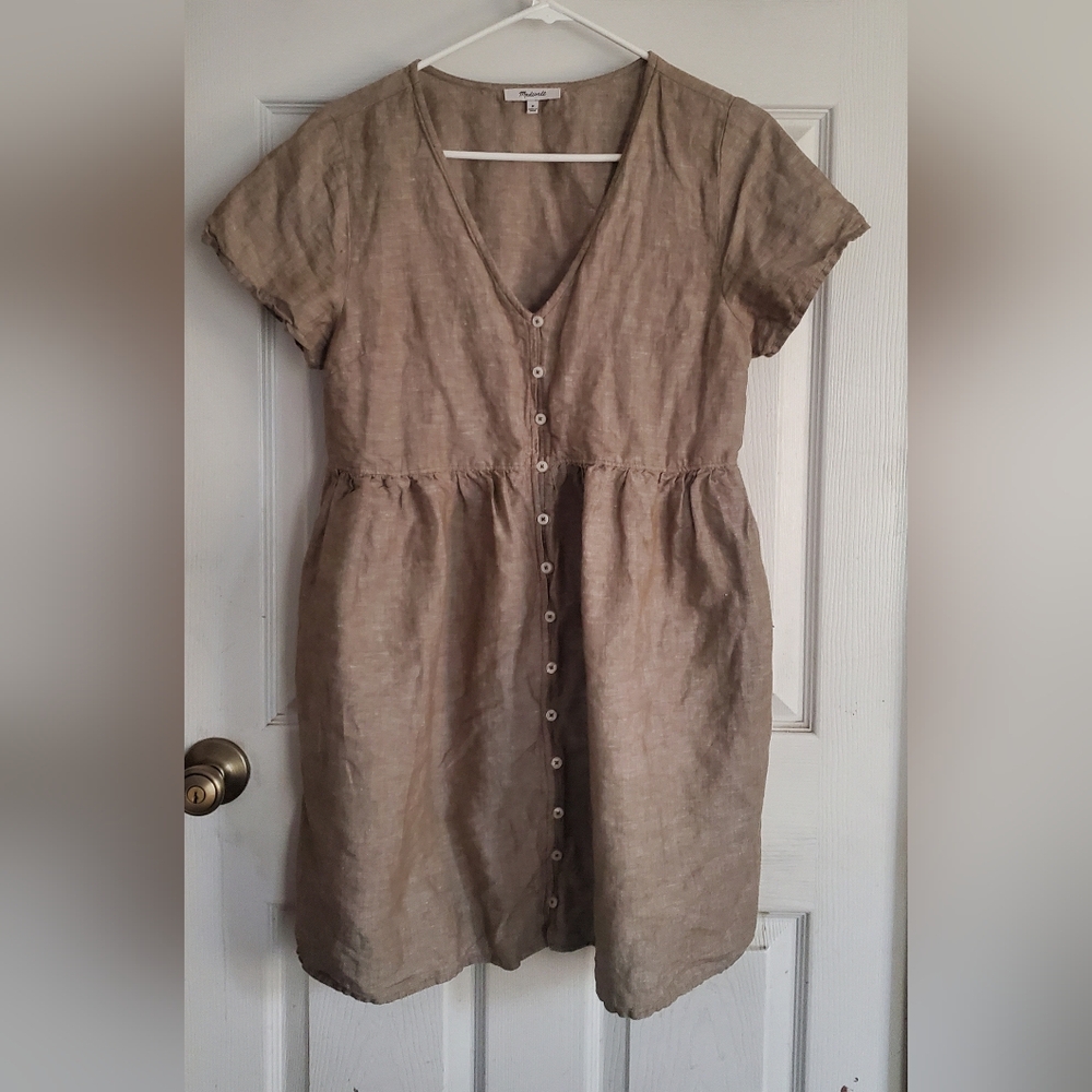 Madewell Neutral Button Down Linen Blend Dress in Beige/green, Size Medium